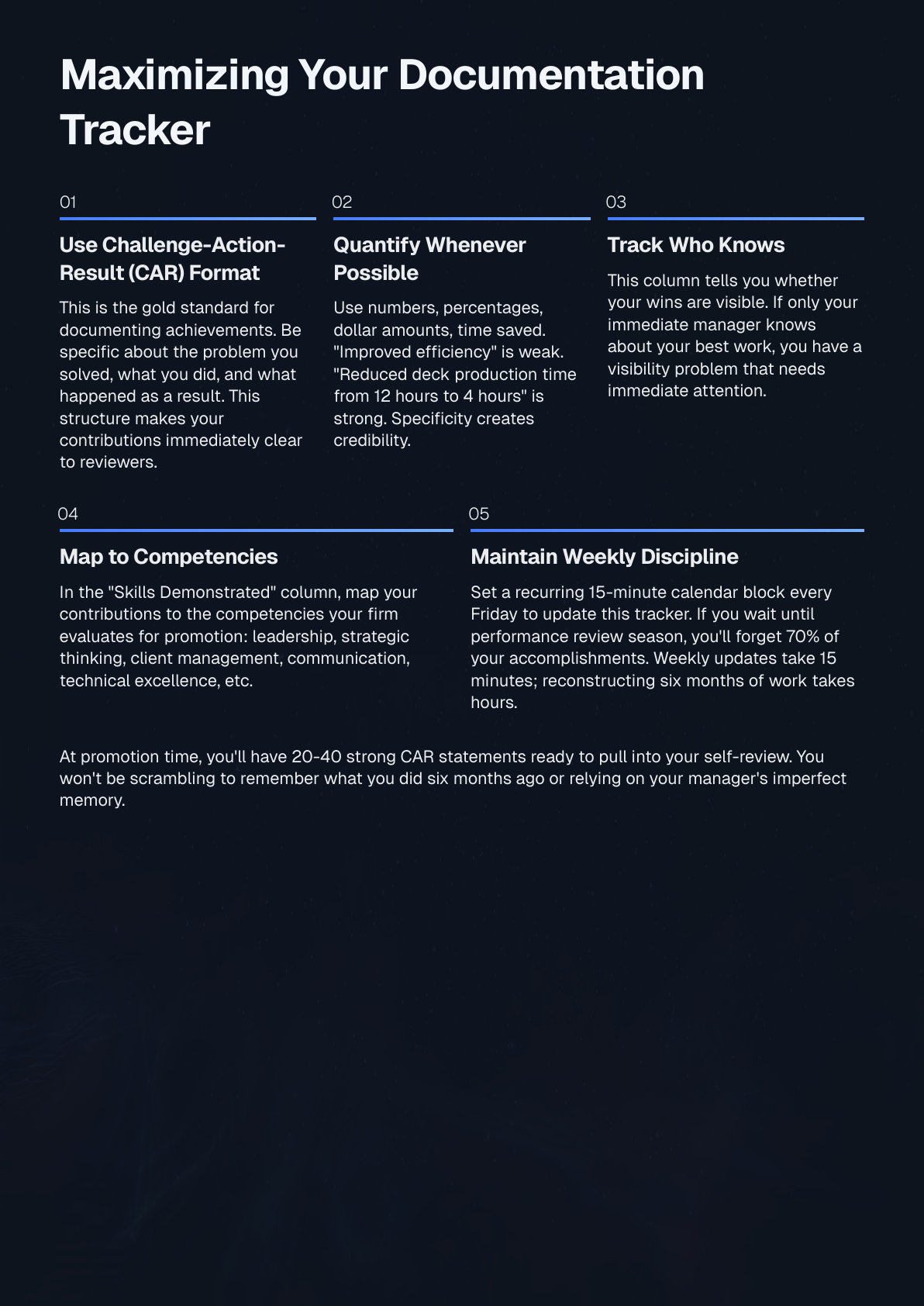 Sample page from the playbook: 'Maximizing Your Documentation Tracker' explaining the CAR (Challenge-Action-Result) format and five-step process for building a promotion evidence repository