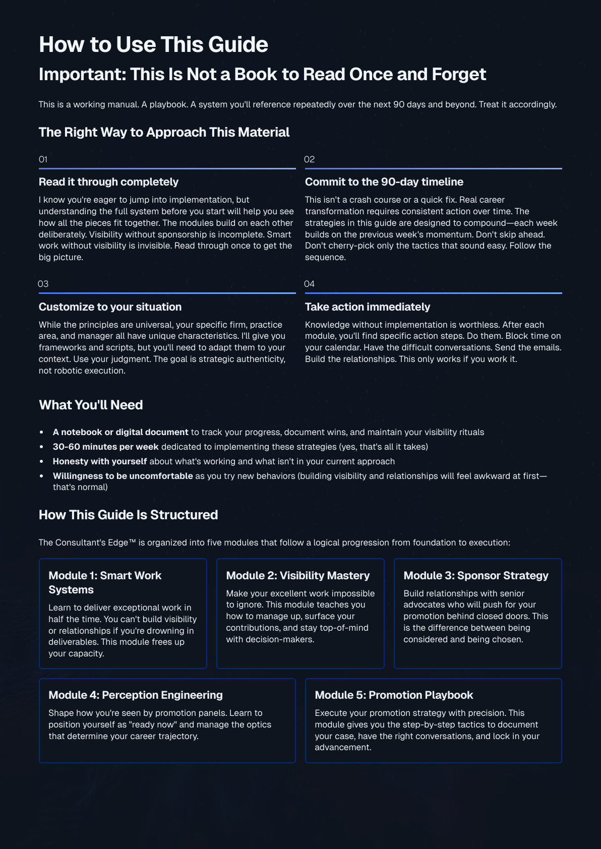 Sample page from the playbook: 'How to Use This Guide' showing the four-step approach (read completely, commit to 90 days, customize, take action) and the five-module overview